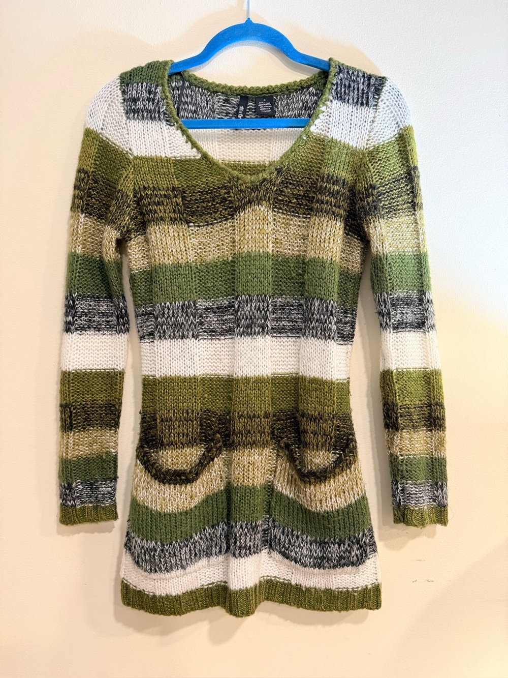 Ultra Flirt Striped V-Neck Long Sweater Dress in Green, White, Gray, Cream